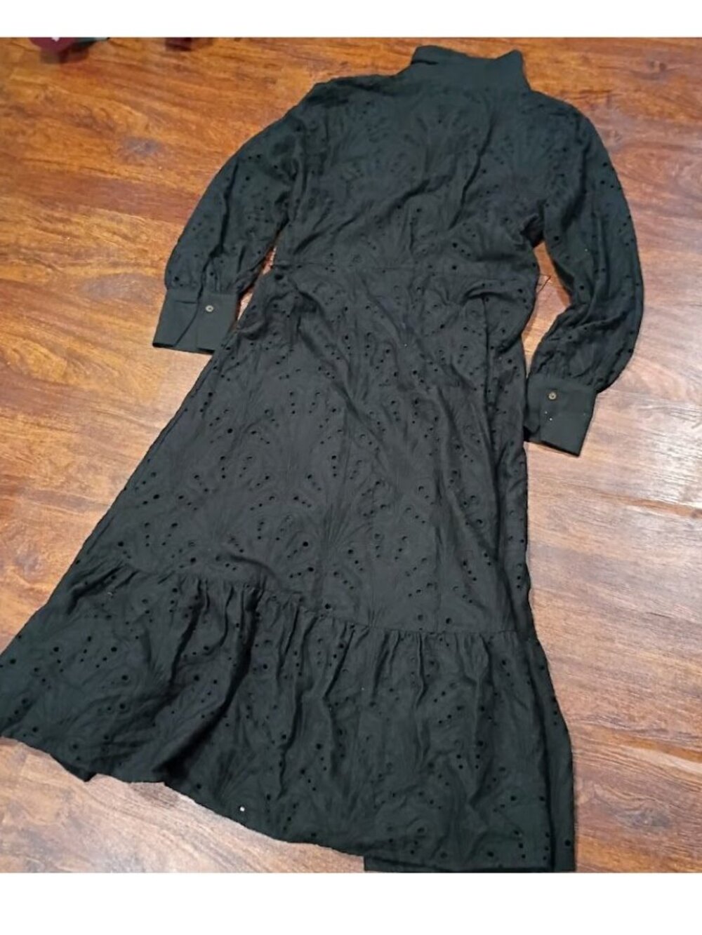 MNG Black Cottagecore Whimsy Boho Dress S With Eyelet Designs & Belted Preppy - Picture 3 of 15